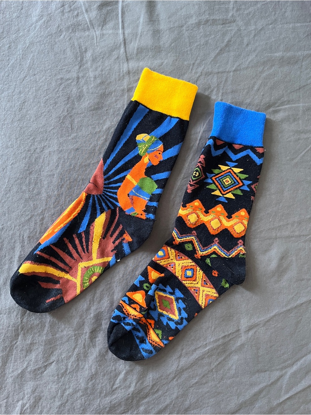 Colorful Patterned Men's Crew Socks - Black with Yellow & Blue Accents